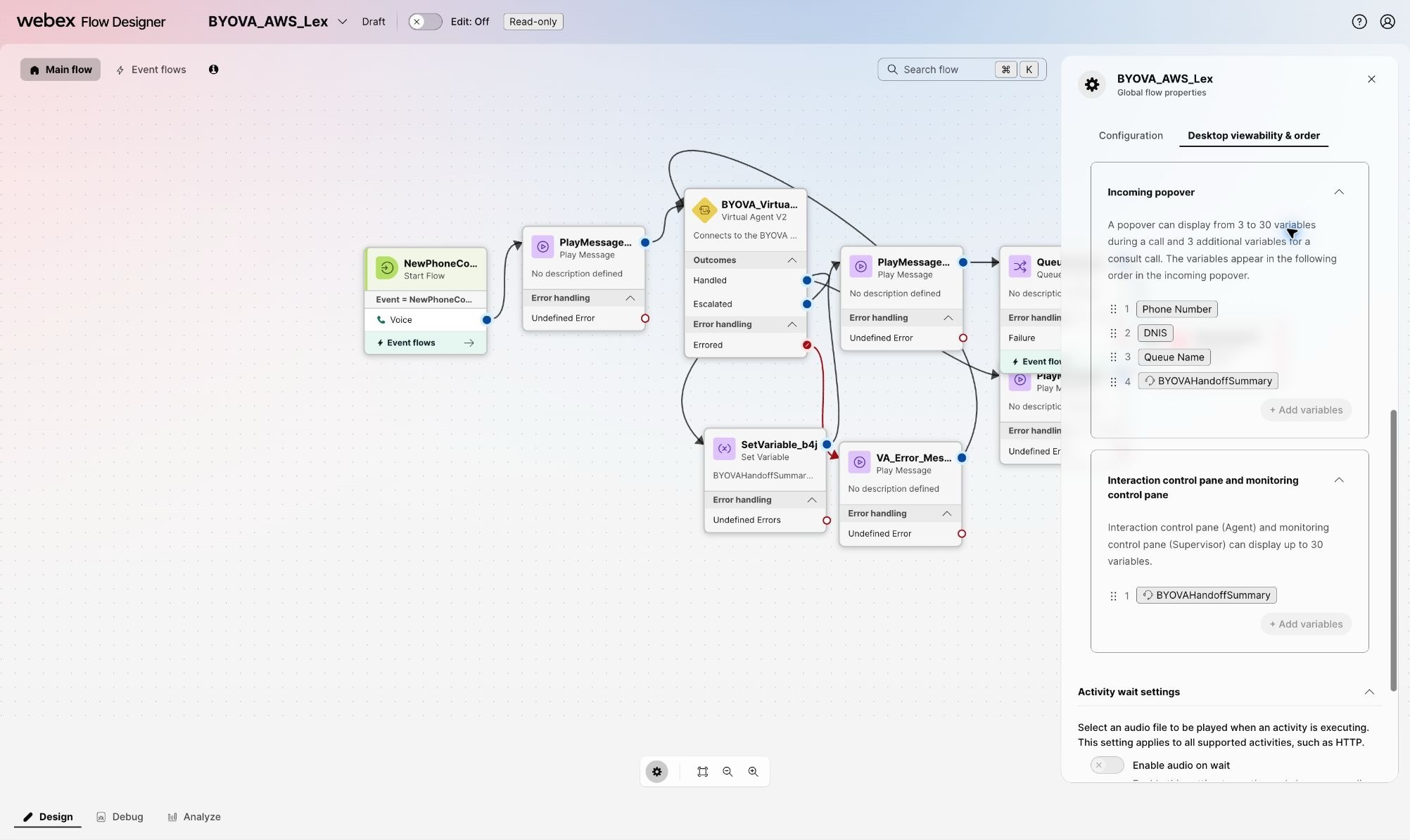 BYOVAHandoffSummary selected for the incoming popover and Interaction control pane