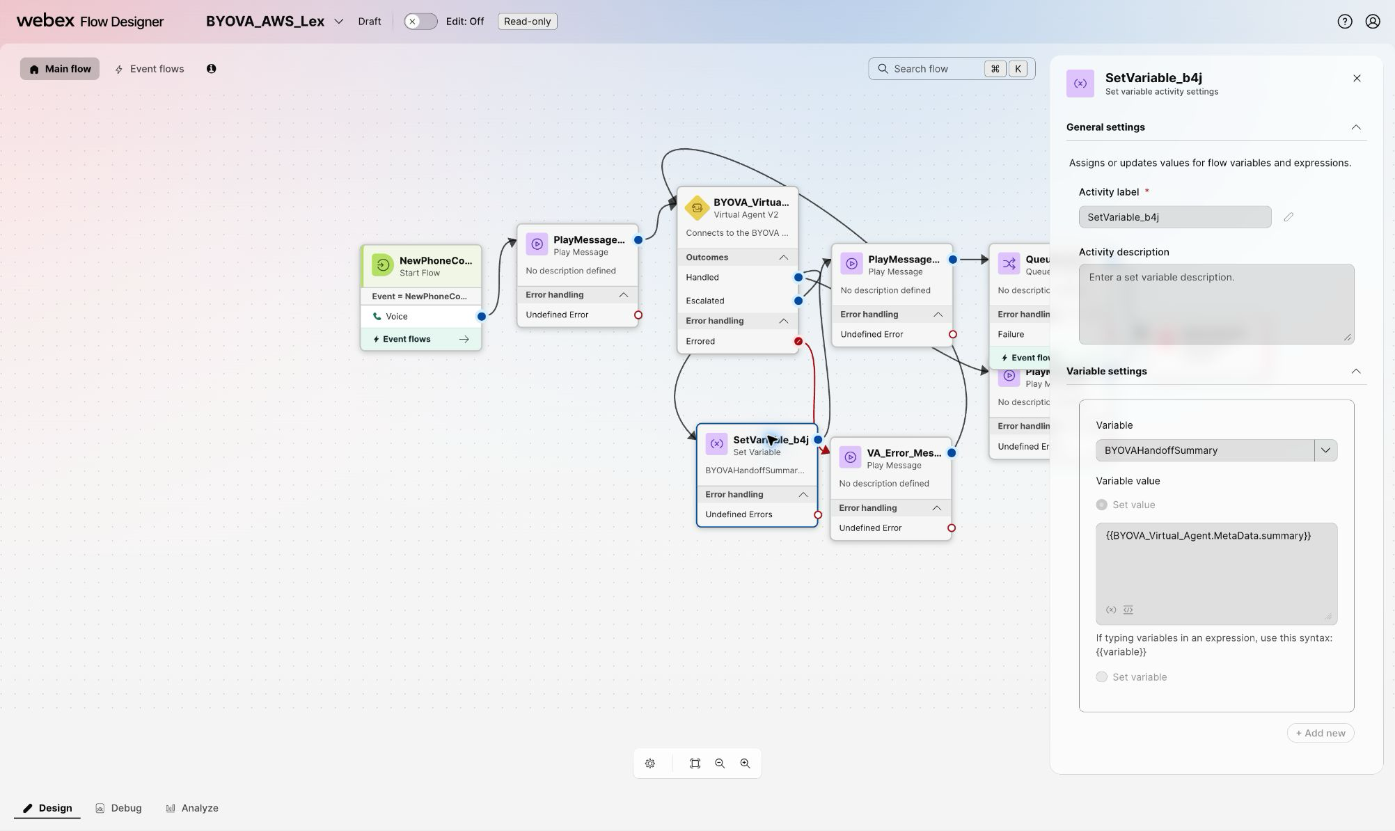 Set Variable activity mapping MetaData.summary to BYOVAHandoffSummary