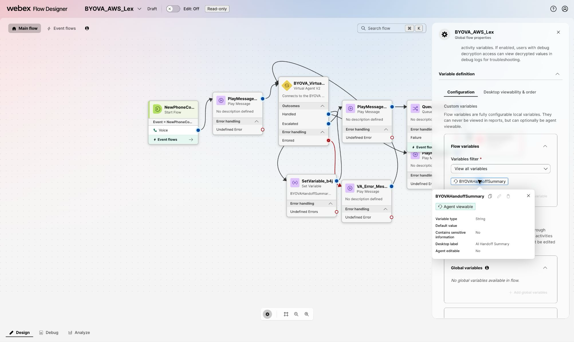 Flow variable configured as an agent-viewable String with the AI Handoff Summary desktop label