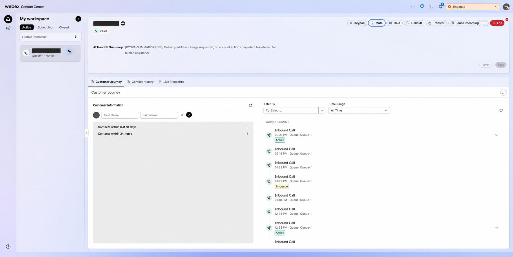 Active interaction showing AI Handoff Summary